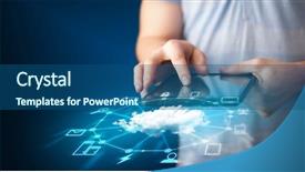  Presentation with healthcare technology internet of things cloud - PPT layouts enhanced with holding tablet with cloud network background and a ocean colored foreground