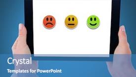  Presentation with hands holding - Presentation theme having holding tablet with feedback satisfaction background and a teal colored foreground