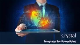  Presentation with database - Theme featuring holding tablet with global database background and a navy blue colored foreground