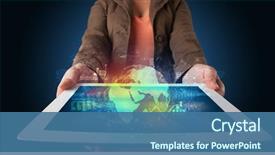  Presentation with database - Cool new theme with holding tablet with global database backdrop and a ocean colored foreground