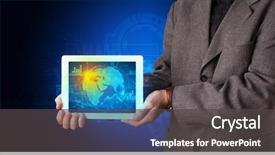 Presentation with database - Beautiful PPT theme featuring holding tablet with global database backdrop and a dark gray colored foreground