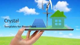  Presentation with wind solar - Slides featuring hand holding tablet with green house wind turbine and solar panel ecology concept background and a light blue colored foreground