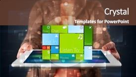  Presentation with lady - Amazing PPT theme having holding tablet with modern software backdrop and a tawny brown colored foreground