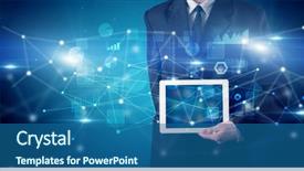  Presentation with virtual hand - PPT theme consisting of holding tablet with virtual database background and a ocean colored foreground