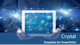  Presentation with virtual hand - Presentation design consisting of holding tablet with virtual database background and a ocean colored foreground