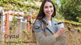  Presentation with smiling little girl - Slide deck with holding take away coffe cup background and a  colored foreground