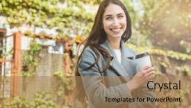  Presentation with smiling little girl - Slide set with holding take away coffee cup background and a  colored foreground