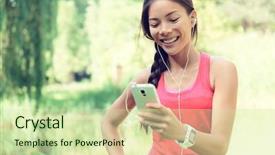  Presentation with asian music - Amazing theme having fit woman using cell phone backdrop and a soft green colored foreground