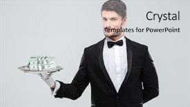  Presentation with butler - Amazing theme having affluence - gorgeous young butler in tuxedo backdrop and a light gray colored foreground