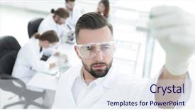  Presentation with black dna scientist - Beautiful PPT theme featuring holding tube with the reagents backdrop and a sky blue colored foreground