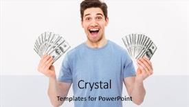  Presentation with rich man - Colorful theme enhanced with holding two fans of money backdrop and a light blue colored foreground