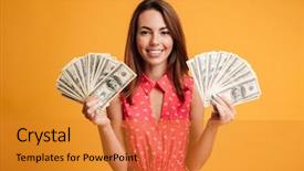  Presentation with two people holding hands - Audience pleasing slide deck consisting of holding two fans of money backdrop and a gold colored foreground