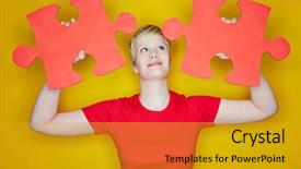 Presentation with holding puzzle pieces - Amazing slide deck having holding two jigsaw puzzle pieces backdrop and a gold colored foreground