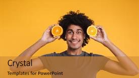  Presentation with gold man smile - Cool new slides with regime - portrait of a smiling young backdrop and a  colored foreground