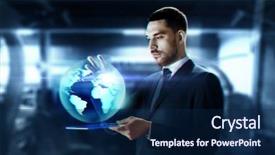  Presentation with transparent earth - Beautiful PPT theme featuring holding virtual globe - business augmented reality and future backdrop and a navy blue colored foreground