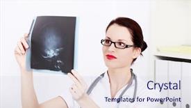  Presentation with doctor helps to get out of bed an elderly woman - PPT theme featuring holding xray of child skull background and a sky blue colored foreground