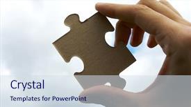  Presentation with hand holding puzzle piece - Colorful theme enhanced with holds puzzle on a background backdrop and a  colored foreground