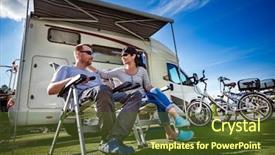  Presentation with family tourism - Colorful presentation theme enhanced with holiday at a campsite car backdrop and a tawny brown colored foreground