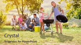  Presentation with family genealogy - Colorful presentation theme enhanced with holiday bbq - grandfather and granddaughter at barbecue backdrop and a yellow colored foreground