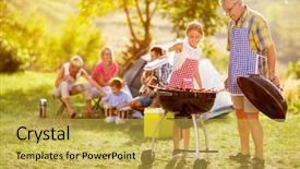  Presentation with grilling - PPT layouts having holiday bbq - happy family grilling meat background and a yellow colored foreground