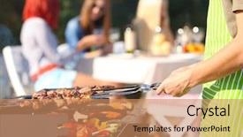  Presentation with summer outdoor bbq grill party - Colorful slide deck enhanced with holiday bbq - young friends having barbecue party backdrop and a coral colored foreground