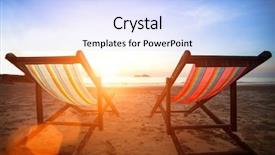  Presentation with sunset coast of the sea - Presentation theme having holiday beach - loungers on the deserted coast background and a sky blue colored foreground