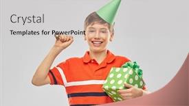  Presentation with birthday boy - Audience pleasing presentation design consisting of holiday-birthday-present-and-people backdrop and a light gray colored foreground