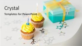  Presentation with party candles - Cool new PPT layouts with holiday celebration greeting and party concept - birthday cupcakes with burning candles and present backdrop and a white colored foreground