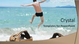  Presentation with holiday - Presentation theme enhanced with holiday concept man jumping into the torquoise tropic sea at vacation background and a light blue colored foreground
