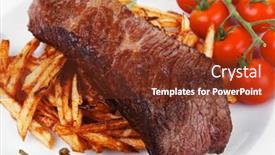  Presentation with food potato chips - PPT layouts featuring holiday evening dinner meat food grill beef on potato chips with fresh tomato and hot green peppers isolated on white background background and a tawny brown colored foreground