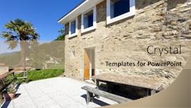  Presentation with facade - Cool new theme with holiday home in the mountains outdoor view stone facade backdrop and a soft green colored foreground