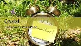  Presentation with old clock time antique - Slides featuring holiday hours sign - summertime old clock on grass background and a  colored foreground