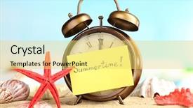  Presentation with sand clock - PPT theme having holiday hours sign - summertime old clock on sand background and a  colored foreground