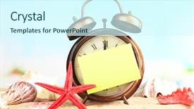  Presentation with sand clock - Presentation theme enhanced with holiday hours sign - summertime old clock on sand background and a cool aqua colored foreground