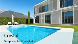  Presentation with villa - Audience pleasing slide set consisting of holiday house - modern villa with pool view backdrop and a cyan colored foreground