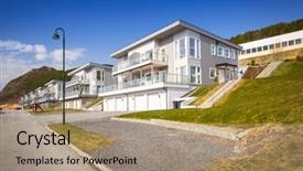  Presentation with fiord - Presentation design enhanced with holiday houses at fiord background and a coral colored foreground