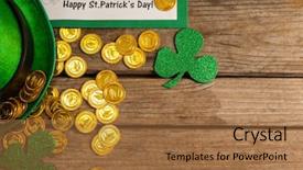  Presentation with gold - Slide deck having holiday magic money - st patricks day placard leprechaun background and a coral colored foreground