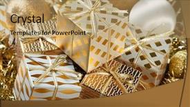  Presentation with golden christmas - Theme enhanced with holiday party - stacks of golden christmas presents background and a coral colored foreground
