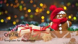  Presentation with gingerbread man - PPT theme consisting of invitation holiday party - gingerbread man with christmas presents background and a coral colored foreground