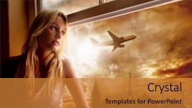  Presentation with airplane - Cool new presentation theme with holiday plane - young woman looking airplane backdrop and a gold colored foreground