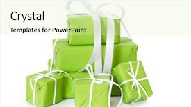  Presentation with ribbon green - Colorful presentation theme enhanced with holiday presents - green gift boxes isolated backdrop and a soft green colored foreground