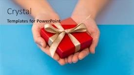  Presentation with golden christmas - Slide set with holiday presents and greetings concept - hands holding small christmas red gift box with golden bow on blue background background and a coral colored foreground