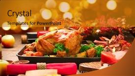  Presentation with roasted chicken - Audience pleasing slide set consisting of holiday served table thanksgiving backdrop and a gold colored foreground