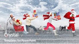  Presentation with running - PPT theme with holiday shopping - group of happy people running background and a gray colored foreground