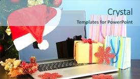 Presentation with gifts - Beautiful PPT theme featuring holiday shopping - laptop with gifts on table backdrop and a cool aqua colored foreground