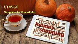  Presentation with tea cup - PPT layouts enhanced with holiday-shopping-word-cloud background and a tawny brown colored foreground
