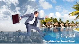  Presentation with holiday stress - Amazing presentation having holiday stress - businessman running on the beach backdrop and a teal colored foreground
