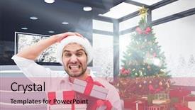  Presentation with holiday stress - Slides featuring holiday stress - frustrated man in santa hat background and a coral colored foreground