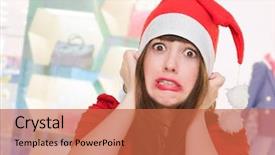  Presentation with hat - Presentation theme enhanced with holiday stress - scared woman wearing a christmas background and a red colored foreground