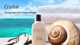  Presentation with holiday stress - PPT theme enhanced with holiday stress - sunblock lotion and white towels background and a  colored foreground